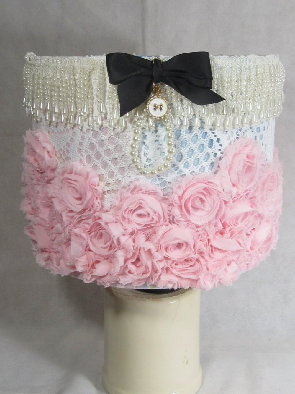 GIRLY BOUDOIR SHABBY CHIC FRENCH STYLE LAMP SHADE PINK FLOWERS + PEARLS  11 x 9"